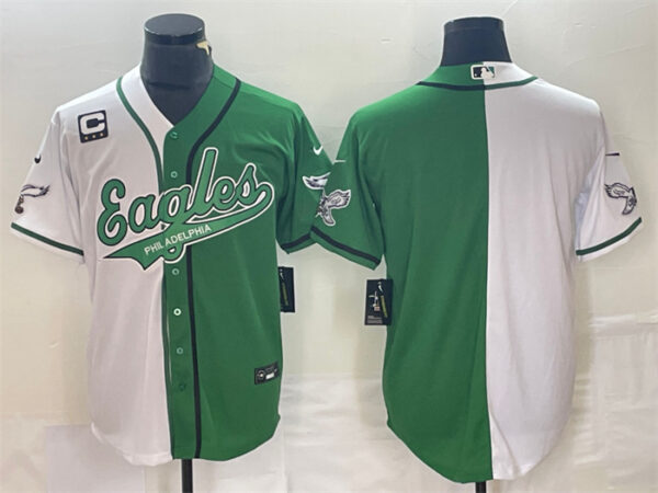 Men's Philadelphia Eagles Blank Green White Split With 3-Star C Patch Cool Base Stitched Baseball Jersey