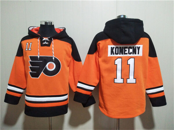 Men's Philadelphia Flyers #11 Travis Konecny Orange Ageless Must-Have Lace-Up Pullover Hoodie