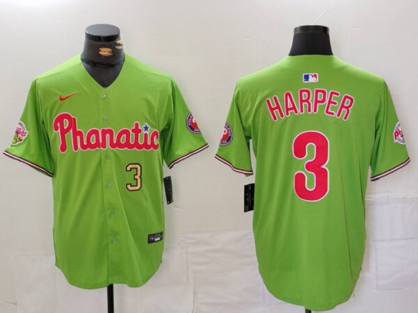 Men's Philadelphia Phillies #3 Bryce Harper Green With Patch Stitched Jerseys