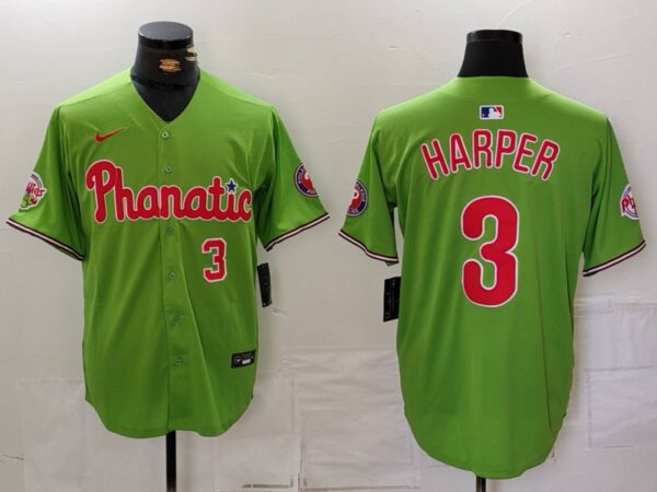 Men's Philadelphia Phillies #3 Bryce Harper Green With Patch Stitched Jerseys