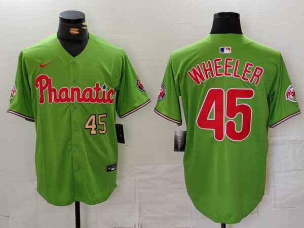 Men's Philadelphia Phillies #45 Zack Wheeler Green With Patch Stitched Jerseys