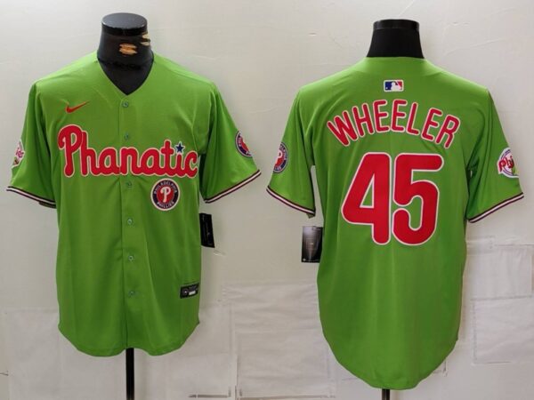 Men's Philadelphia Phillies #45 Zack Wheeler Green With Patch Stitched Jerseys