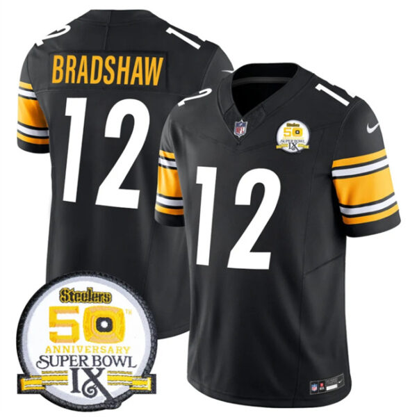 Men's Pittsburgh Steelers #12 Terry Bradshaw Black 2024 F.U.S.E. 50th Anniversary Of Super Bowl IX Alternate Vapor Untouchable Limited Stitched Jersey