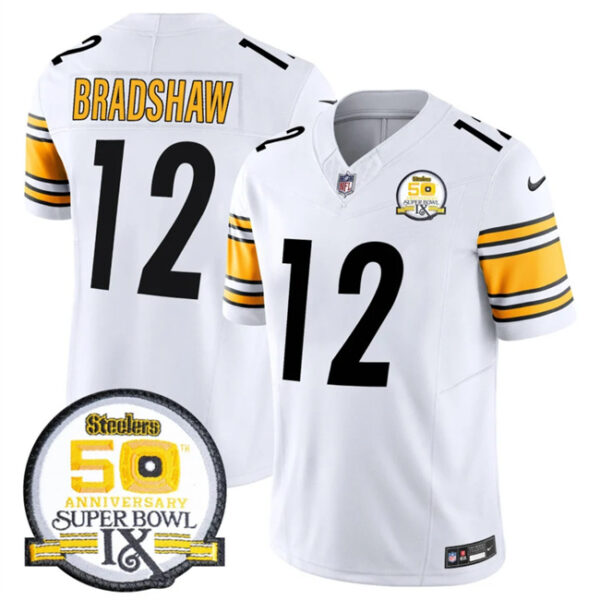 Men's Pittsburgh Steelers #12 Terry Bradshaw White 2024 F.U.S.E. 50th Anniversary Of Super Bowl IX Alternate Vapor Untouchable Limited Stitched Jersey