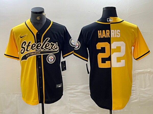 Men's Pittsburgh Steelers #22 Najee Harris Yellow Black Split With Patch Cool Base Stitched Baseball Jerseys