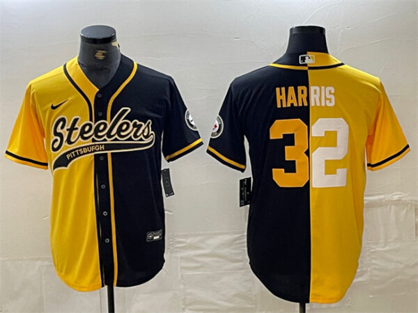 Men's Pittsburgh Steelers #32 Franco Harris Yellow Black Split With Patch Cool Base Stitched Baseball Jersey