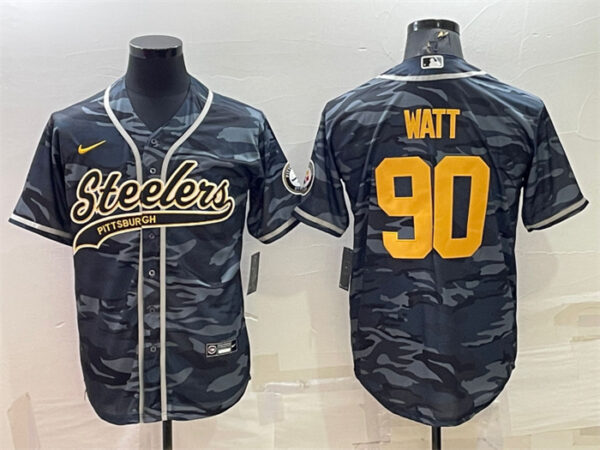 Men's Pittsburgh Steelers #90 T. J. Watt Grey Navy Camo With Patch Cool Base Stitched Baseball Jersey