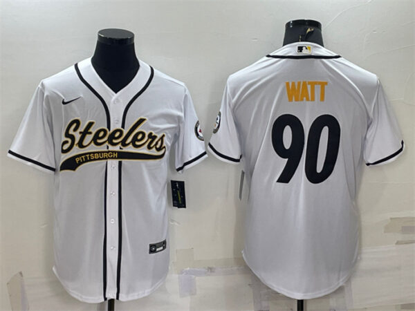 Men's Pittsburgh Steelers #90 T.J. Watt White With Patch Cool Base Stitched Baseball Jersey