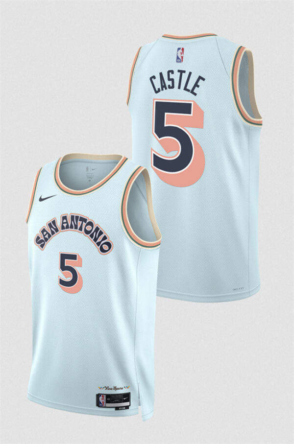 Men's San Antonio Spurs #5 Stephon Castle Light Blue 2024 25 City Edition Stitched Basketball Jersey