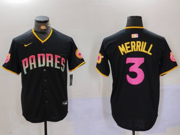 Men's San Diego Padres #3 Jackson Merrill Black Cool Base Stitched Baseball Jerseys