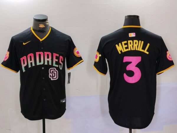 Men's San Diego Padres #3 Jackson Merrill Black Cool Base Stitched Baseball Jerseys