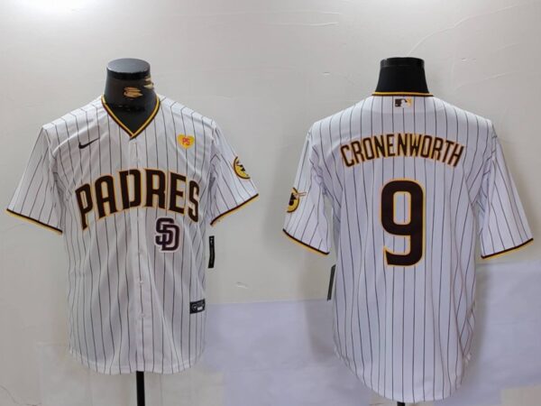 Men's San Diego Padres #9 Jake Cronenworth White With PS Patch Cool Base Stitched Baseball Jersey