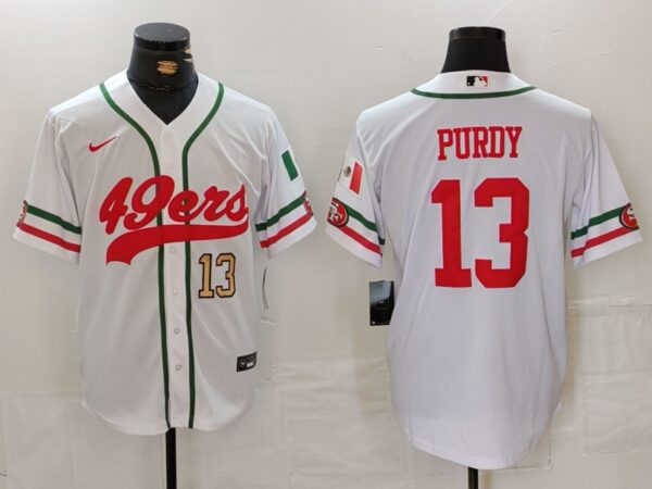 Men's San Francisco 49ers #13 Brock Purdy White With Patch Cool Base Stitched Baseball Jersey