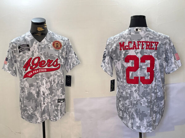 Men's San Francisco 49ers #23 Christian McCaffrey 2024 Arctic Camo Salute To Service Stitched Baseball Jerseys