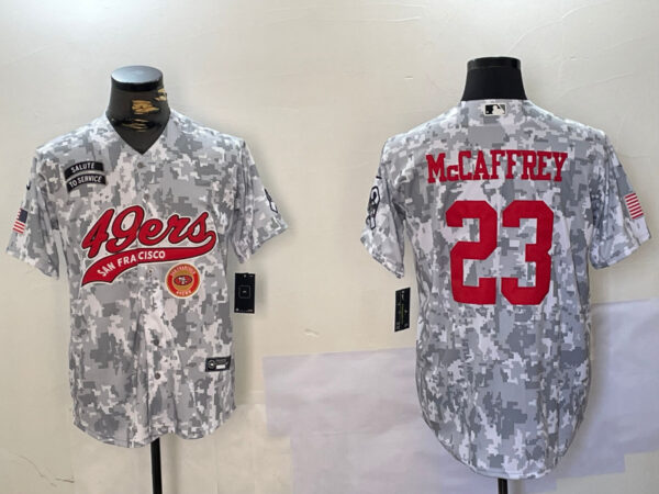 Men's San Francisco 49ers #23 Christian McCaffrey 2024 Arctic Camo Salute To Service Stitched Baseball Jerseys