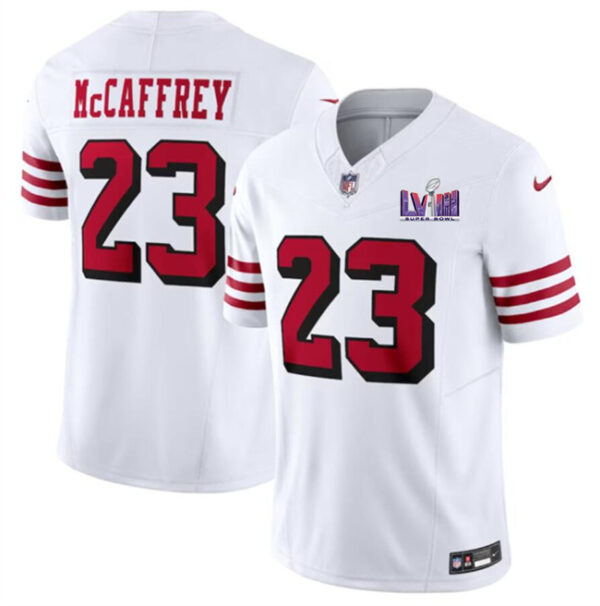 Men's San Francisco 49ers #23 Christian McCaffrey New White F.U.S.E. Super Bowl LVIII Patch Vapor Untouchable Limited Stitched Football Jersey