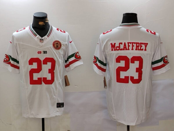 Men's San Francisco 49ers #23 Christian McCaffrey White Gold With 75th Patch Vapor Limited Stitched Football Jersey