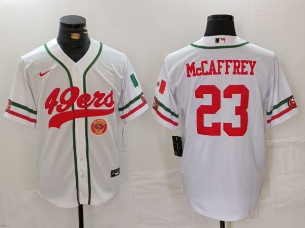 Men's San Francisco 49ers #23 Christian McCaffrey White With Patch Cool Base Stitched Baseball Jersey