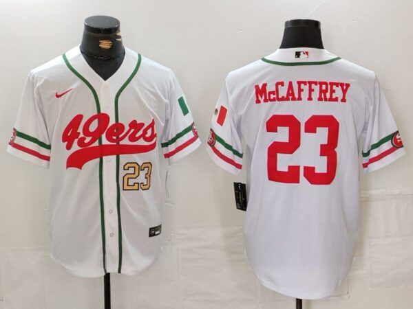 Men's San Francisco 49ers #23 Christian McCaffrey White With Patch Cool Base Stitched Baseball Jersey