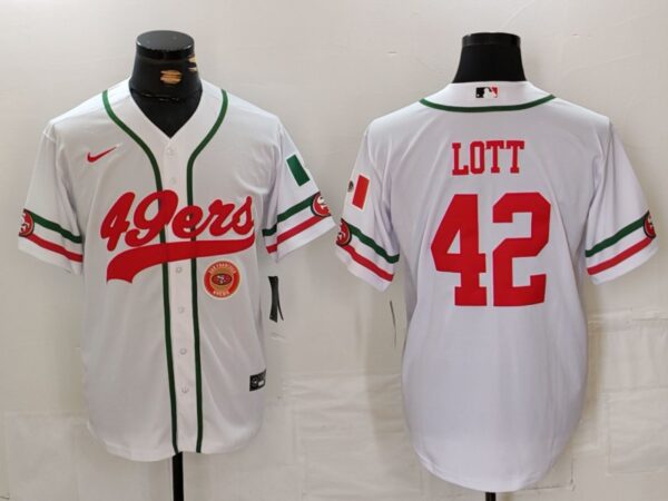 Men's San Francisco 49ers #42 Ronnie Lott White With Patch Cool Base Stitched Baseball Jersey