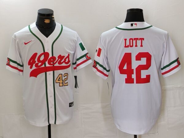 Men's San Francisco 49ers #42 Ronnie Lott White With Patch Cool Base Stitched Baseball Jersey