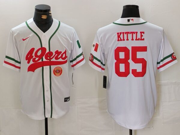 Men's San Francisco 49ers #85 George Kittle White With Patch Cool Base Stitched Baseball Jersey