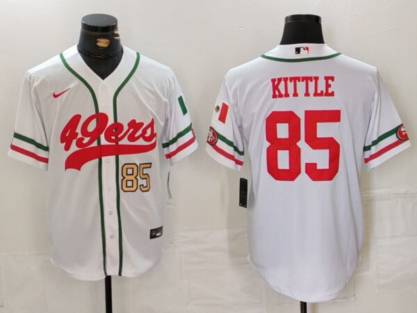 Men's San Francisco 49ers #85 George Kittle White With Patch Cool Base Stitched Baseball Jersey