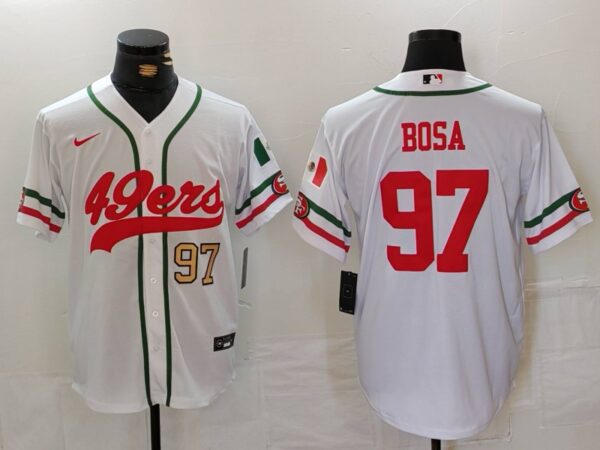 Men's San Francisco 49ers #97 Nick Bosa White With Patch Cool Base Stitched Baseball Jersey