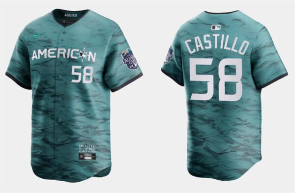 Men's Seattle Mariners #58 Luis Castillo Teal 2023 All-Star Cool Base With Patch Stitched Baseball Jersey