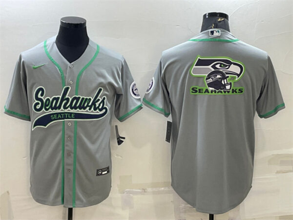 Men's Seattle Seahawks Grey Team Big Logo With Patch Cool Base Stitched Baseball Jersey