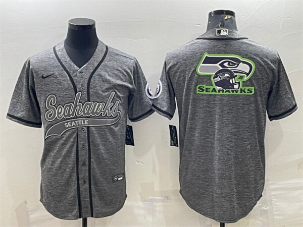 Men's Seattle Seahawks Grey Team Big Logo With Patch Cool Base Stitched Baseball Jersey