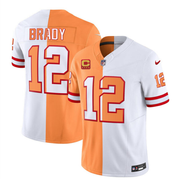 Men's Tampa Bay Buccaneers #12 Tom Brady 2023 F.U.S.E. White Gold With 4-Star C Patch Split Throwback Limited Stitched Jersey