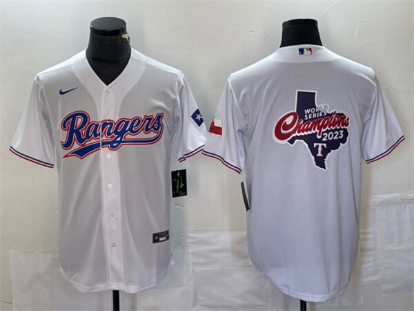 Men's Texas Rangers White 2023 World Series Champions Big Logo With Patch Cool Base Stitched Baseball Jersey