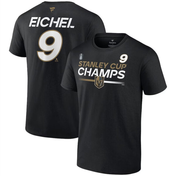 Men's Vegas Golden Knights #9 Jack Eichel Black 2023 Stanley Cup Champions Pro Name & Number T-Shirt