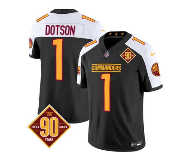 Men's Washington Commanders #1 Jahan Dotson Black White 2023 F.U.S.E. 90th Anniversary Vapor Limited Stitched Football Jersey