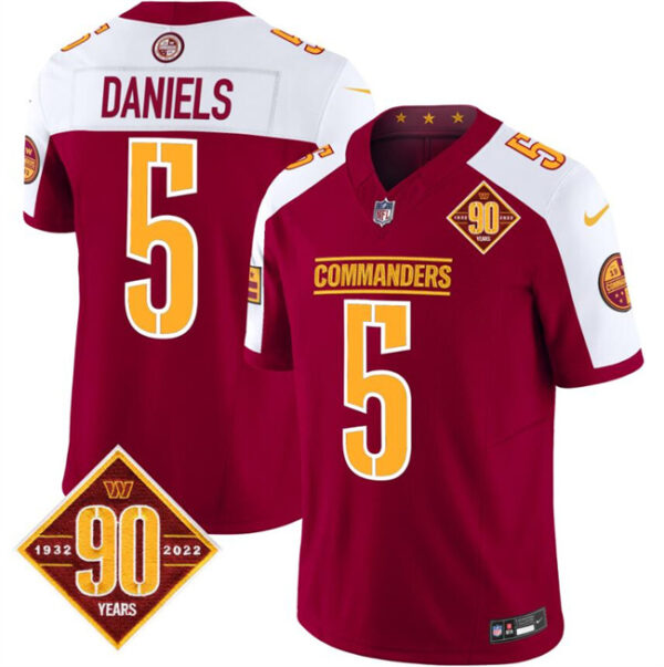 Men's Washington Commanders #5 Jayden Daniels Burgundy White 2023 F.U.S.E. 90th Anniversary Vapor Limited Stitched Football Jersey