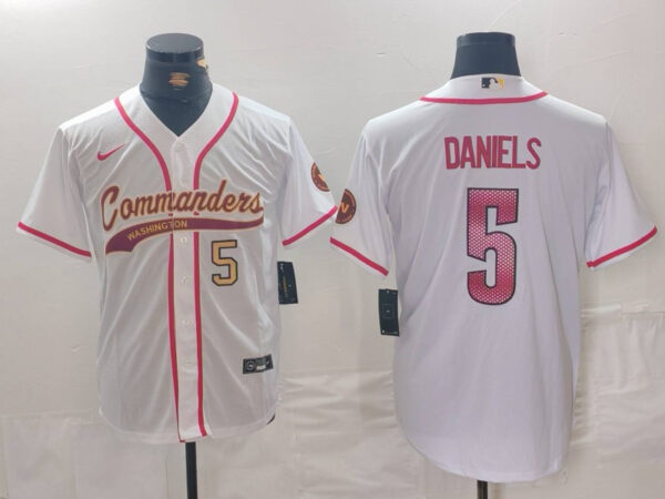 Men's Washington Commanders #5 Jayden Daniels White With Patch Cool Base Stitched Baseball Jerseys