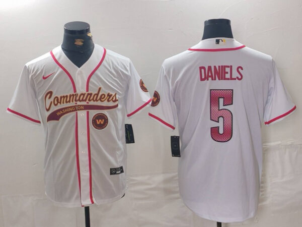 Men's Washington Commanders #5 Jayden Daniels White With Patch Cool Base Stitched Baseball Jerseys