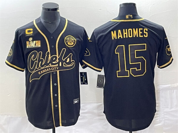 Men's Kansas City Chiefs #15 Patrick Mahomes Black Gold With 4-Star C Patch And Super Bowl LVII Patch Cool Bae Stitched Baseball Jersey