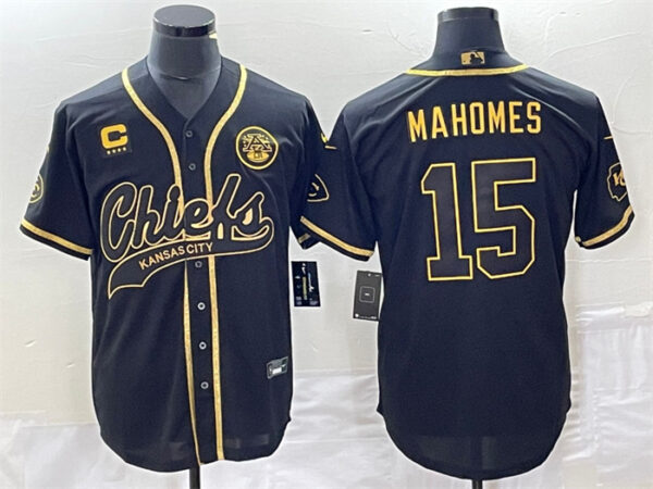 Men's Kansas City Chiefs #15 Patrick Mahomes Black Gold With 4-Star C Patch Cool Bae Stitched Baseball Jersey