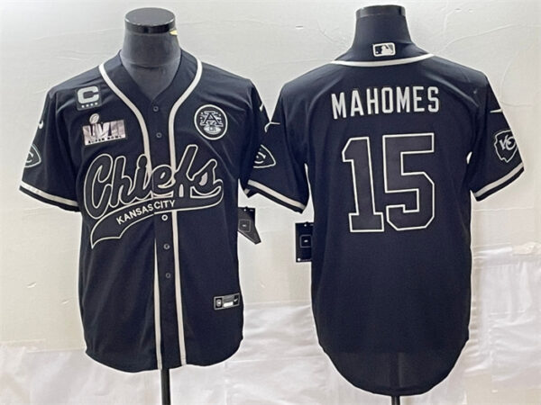 Men's Kansas City Chiefs #15 Patrick Mahomes Black With 4-Star C Patch And Super Bowl LVII Patch Cool Bae Stitched Baseball Jersey