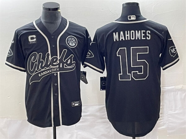 Men's Kansas City Chiefs #15 Patrick Mahomes Black With 4-Star C Patch Cool Bae Stitched Baseball Jersey