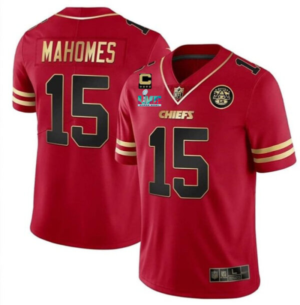 Men's Kansas City Chiefs #15 Patrick Mahomes Red GoldSuper Bowl LVII Patch And 4-Star C Patch Vapor Untouchable Limited Stitched Jersey