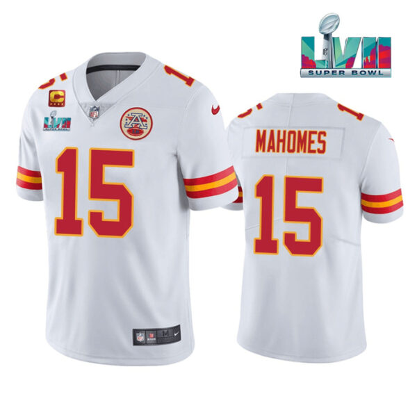 Men's Kansas City Chiefs #15 Patrick Mahomes White Super Bowl LVII Patch And 4-Star C Patch Vapor Untouchable Limited Stitched Jersey