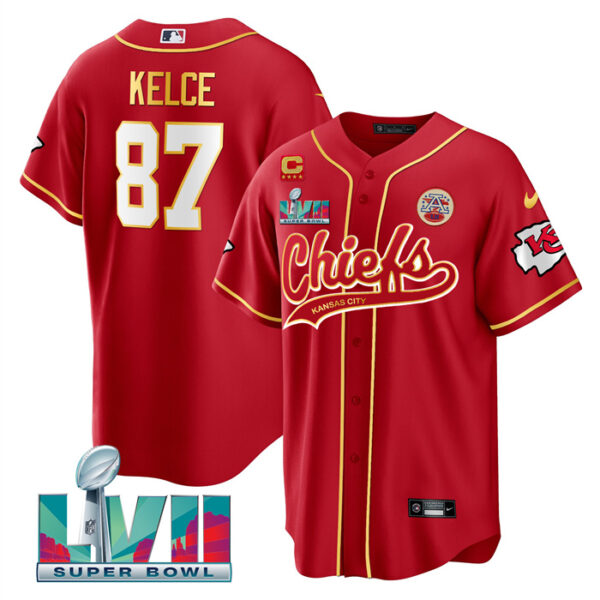 Men's Kansas City Chiefs #87 Travis Kelce Red With 4-Star C Patch And Super Bowl LVII Patch Cool Bae Stitched Baseball Jersey