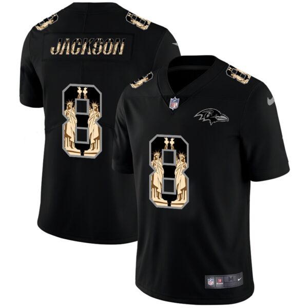 Nike Ravens 8 Lamar Jackson Black Statue Of Liberty Limited Jersey