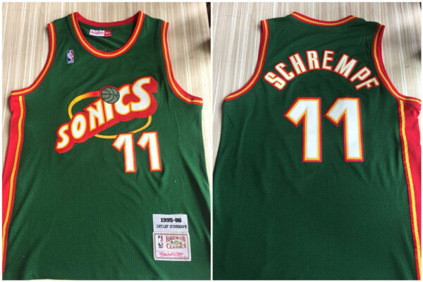 Supersonics 11 Detlef Schrempf Green 1995-96 Hardwood Classics Swingman Jersey