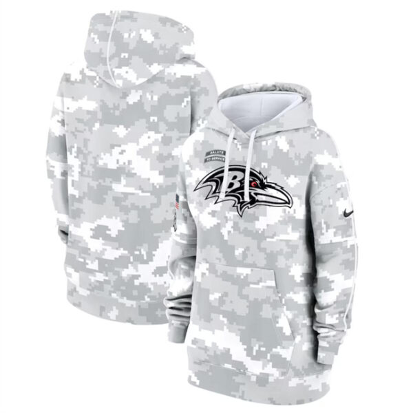 Women's Baltimore Ravens 2024 Arctic Camo Salute To Service Club Fleece Pullover Hoodie(Run Small)