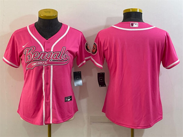 Women's Cincinnati Bengals Blank Pink With Patch Cool Base Stitched Baseball Jersey(Run Small)