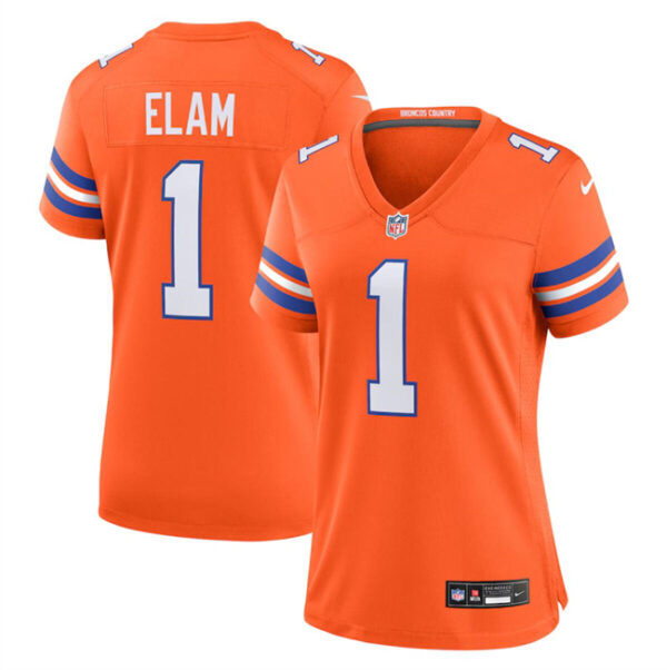 Women's Denver Broncos #1 Jason Elam Orange Mile High Collection 1977 Throwback Stitched Jersey(Run Small)